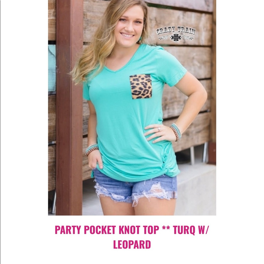 Turquoise Pocket Tee w/ Leopard Print